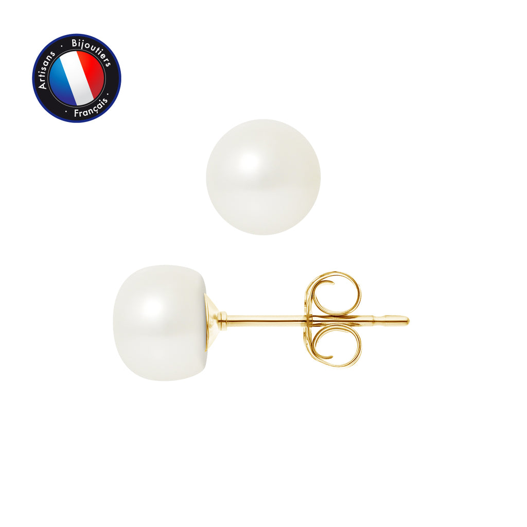 PERLINEA- Boucle d'Oreilles- Perles de Culture d'Eau Douce Bouton 7-8 mm Blanc- Bijou Femme- OrJaune