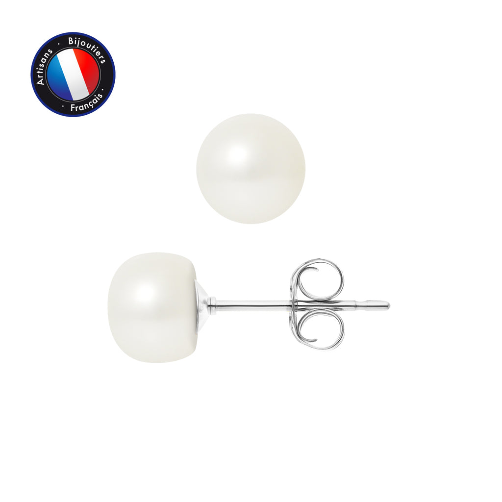 PERLINEA- Boucle d'Oreilles- Perles de Culture d'Eau Douce Bouton 7-8 mm Blanc- Bijou Femme- Or Blanc