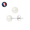 PERLINEA- Boucle d'Oreilles- Perles de Culture d'Eau Douce Bouton 7-8 mm Blanc- Bijou Femme- Or Blanc