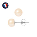PERLINEA- Boucle d'Oreilles- Perles de Culture d'Eau Douce Bouton 7-8 mm Rose- Bijou Femme- Or Blanc