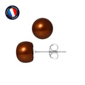 PERLINEA- Boucle d'Oreilles- Perles de Culture d'Eau Douce Bouton 8-9 mm Chocolat- Bijou Femme- Or Blanc
