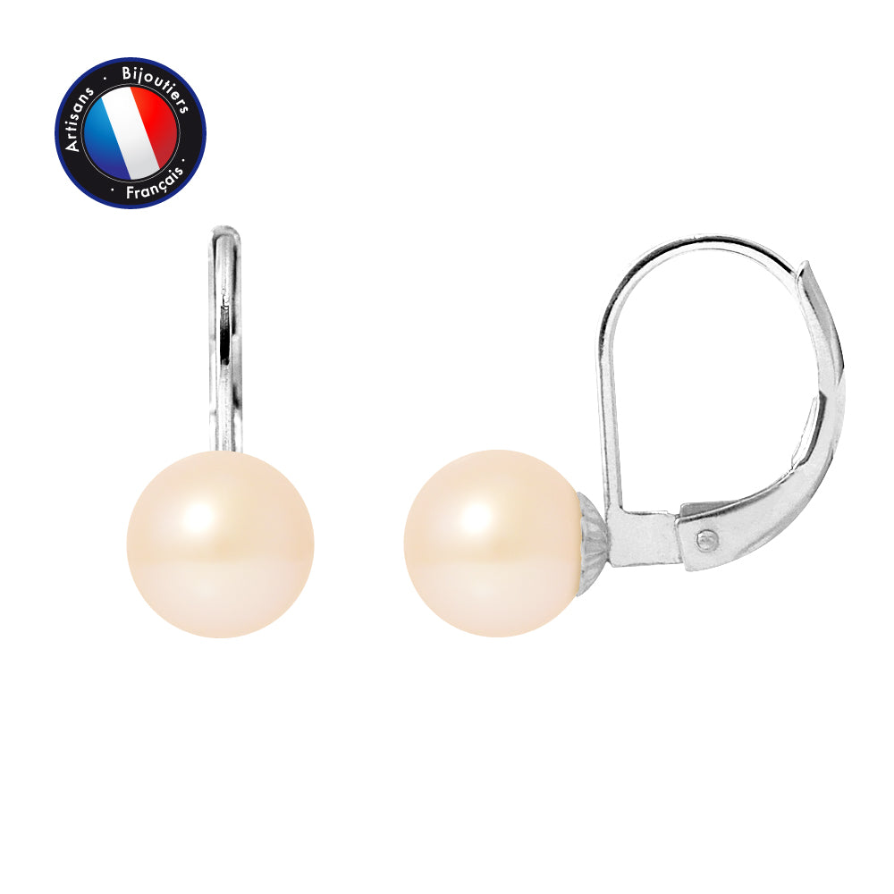 PERLINEA- Boucle d'Oreilles - Perles de Culture d'Eau Douce Ronde 7-8 mm Rose- Bijou Femme- Or Blanc