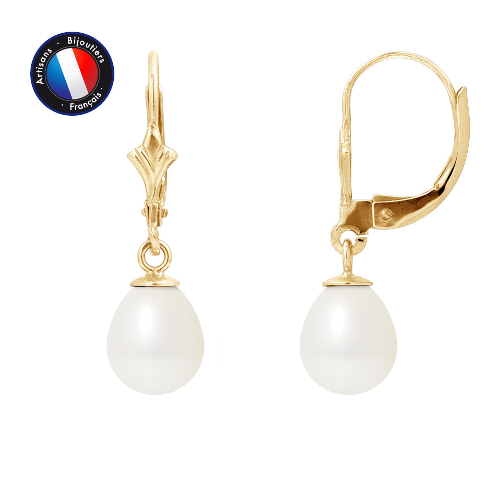 PERLINEA- Boucle d'Oreilles - Perles de Culture d'Eau Douce- Diamètre 7-8 mm Blanc- Bijou Femme- OrJaune