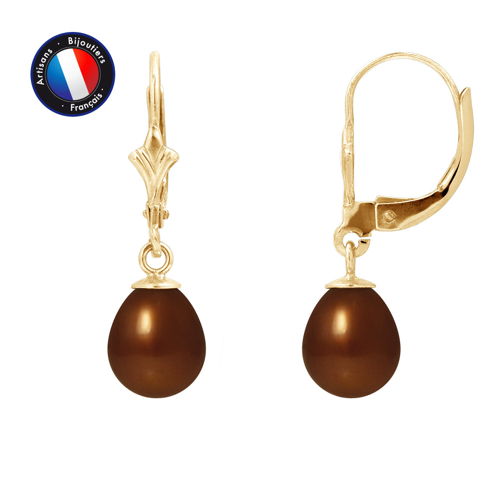 PERLINEA- Boucle d'Oreilles - Perles de Culture d'Eau Douce- Diamètre 7-8 mm Chocolat- Bijou Femme- OrJaune