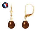PERLINEA- Boucle d'Oreilles - Perles de Culture d'Eau Douce- Diamètre 7-8 mm Chocolat- Bijou Femme- OrJaune