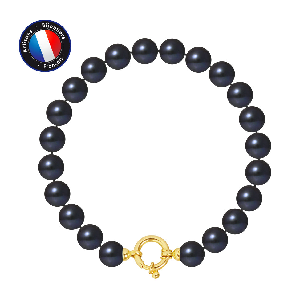 PERLINEA- Bracelet - Perles de Culutre Riz 8-9 mm Black Tahiti- Bijou Femme- OrJaune