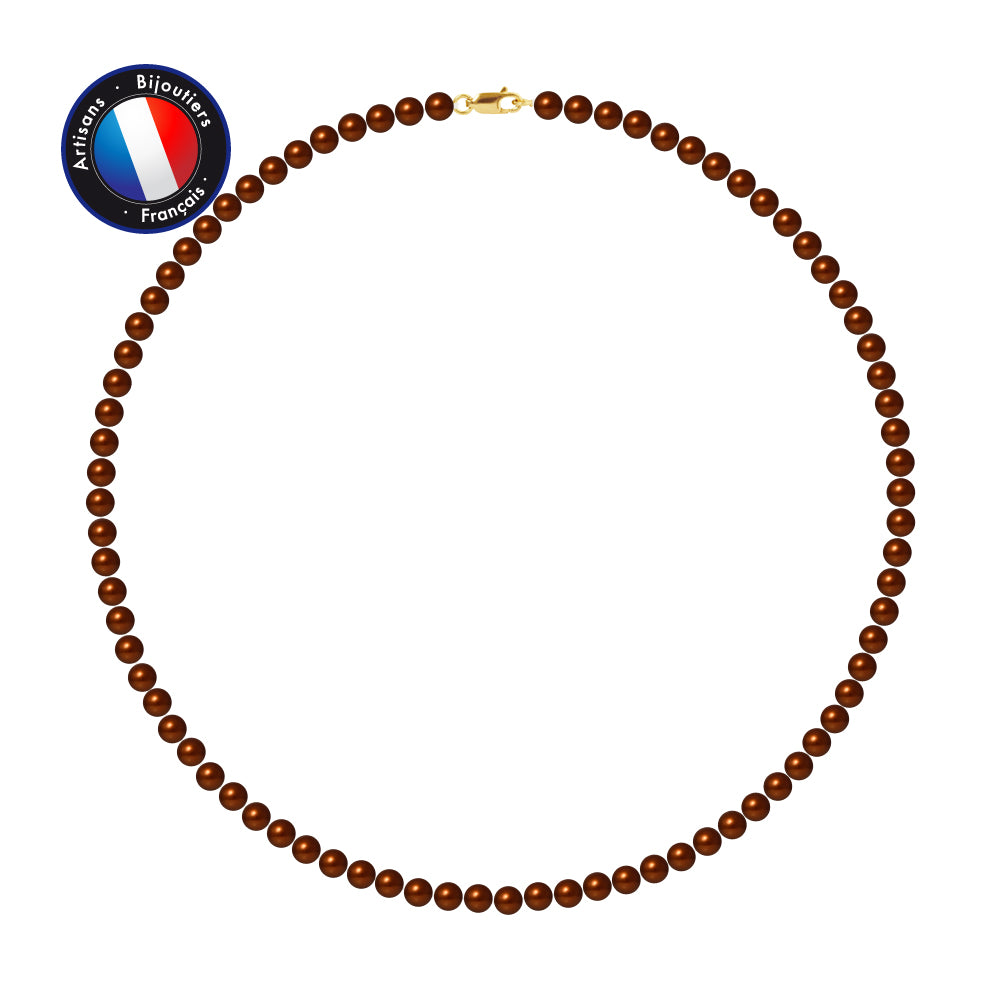 PERLINEA- Collier- Perles de Culture d'Eau Douce Ronde 5-6 mm Chocolat- Bijou Femme- OrJaune