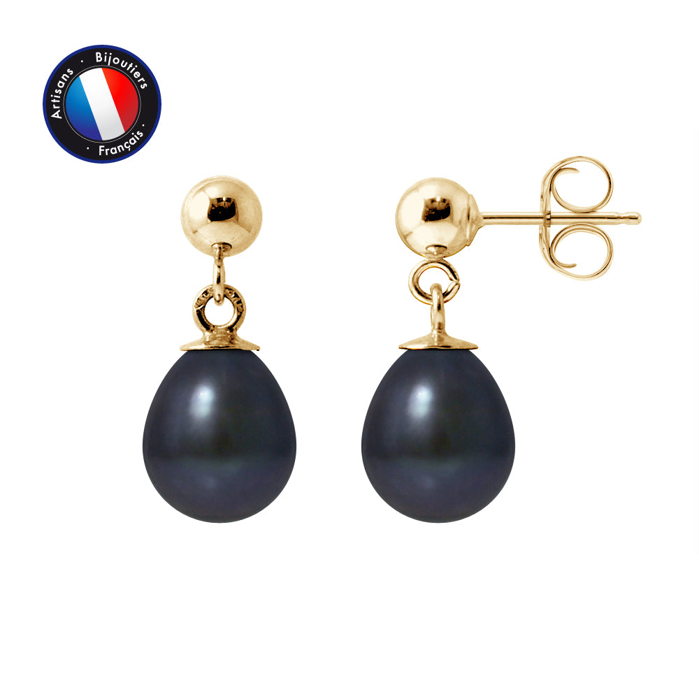 PERLINEA- Boucle d'Oreilles - Perles de Culture d'Eau Douce- Diamètre 7-8 mm Black Tahiti- Bijou Femme- OrJaune