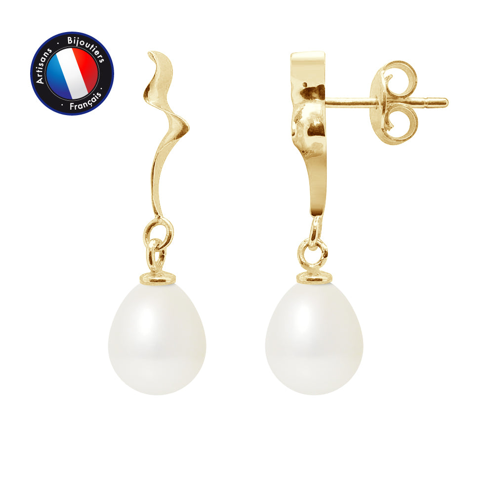 PERLINEA- Boucle d'Oreilles- Perles de Culture d'Eau Douce- Diamètre 8-9 mm Blanc- Bijou Femme- OrJaune