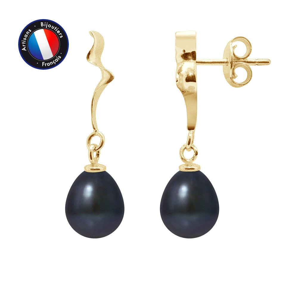 PERLINEA- Boucle d'Oreilles- Perles de Culture d'Eau Douce- Diamètre 8-9 mm Black Tahiti- Bijou Femme- OrJaune