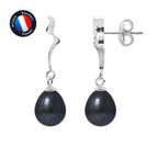 PERLINEA- Boucle d'Oreilles- Perle de Culture d'Eau Douce- Poire 8-9 mm Black Tahiti- Bijou Femme- Or Blanc