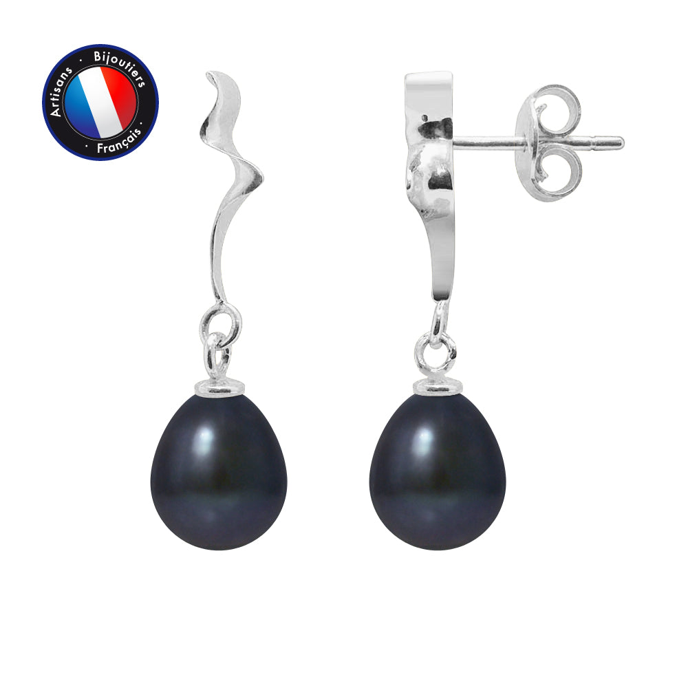 PERLINEA- Boucle d'Oreilles- Perle de Culture d'Eau Douce- Poire 8-9 mm Black Tahiti- Bijou Femme- Or Blanc