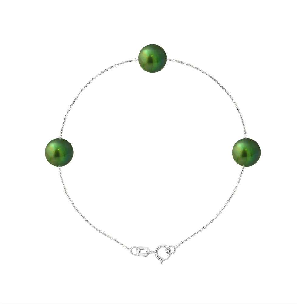 PERLINEA- Bracelet 3 Perles de Culture d'Eau Douce- Diamètre 7-8 mm Vert Intense- Bijou Femme- Argent 925 Millièmes