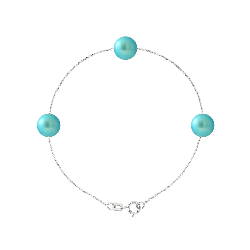 PERLINEA- Bracelet 3 Perles de Culture d'Eau Douce- Diamètre 7-8 mm Bleu Turquoise- Bijou Femme- Argent 925 Millièmes