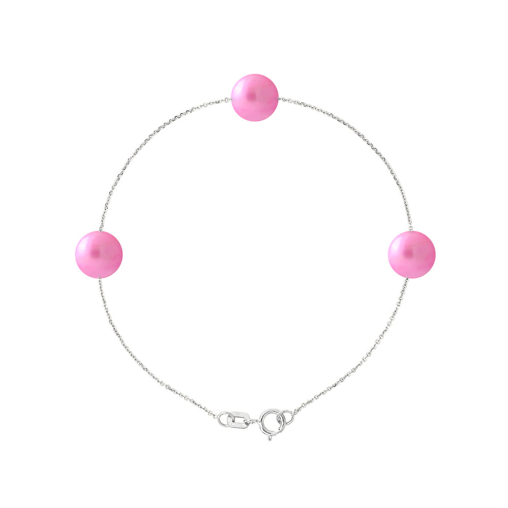 PERLINEA- Bracelet 3 Perles de Culture d'Eau Douce- Diamètre 7-8 mm Rose Fushia- Bijou Femme- Argent 925 Millièmes