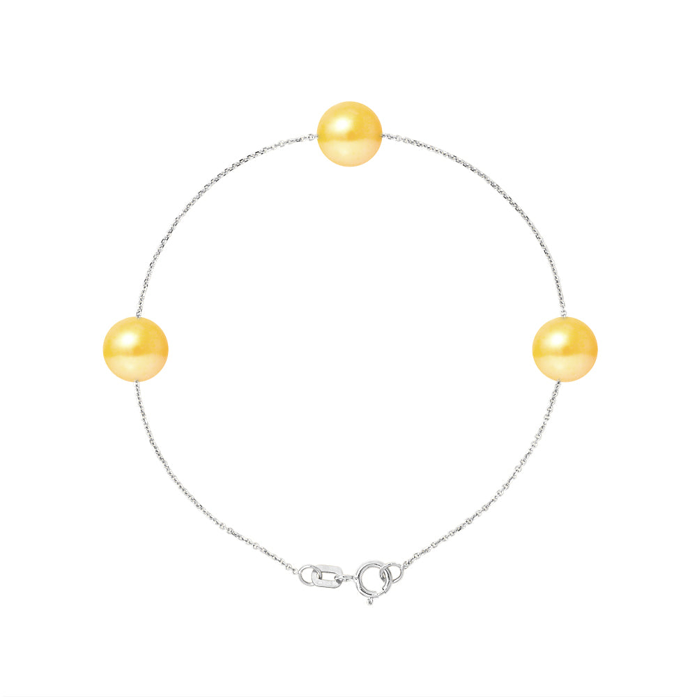 PERLINEA- Bracelet 3 Perles de Culture d'Eau Douce- Diamètre 7-8 mm Gold-  Bijou Femme- Argent 925 Millièmes