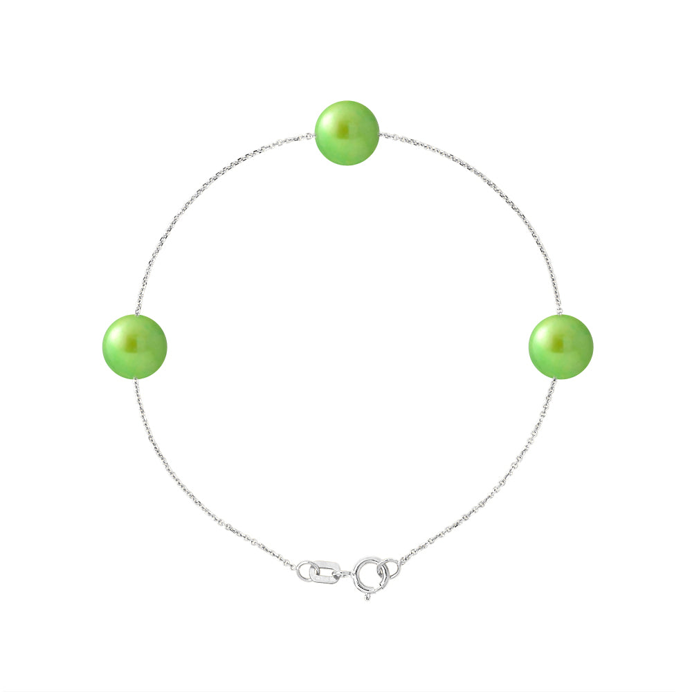 PERLINEA- Bracelet 3 Perles de Culture d'Eau Douce- Diamètre 7-8 mm Vert Tonic- Bijou Femme- Argent 925 Millièmes