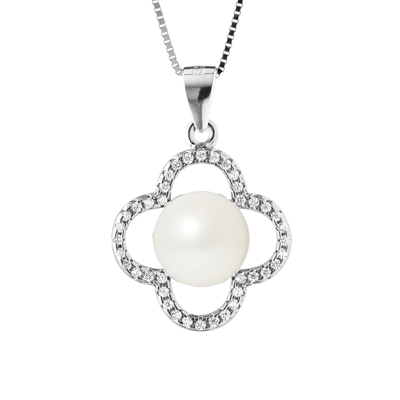 PERLINEA- Collier Trèfle- Perle de Culture d'Eau Douce- Diamètre 9-10 mm Blanc- Bijou Femme- Argent 925 Millièmes