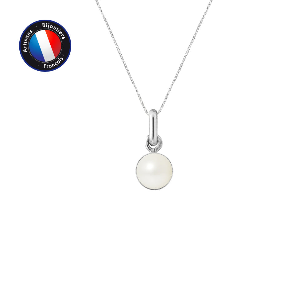 PERLINEA- Pendentif - Perle de Culture d'Eau Douce- Bouton Diamètre 6-7 mm Blanc- Bijou Femme- Or Blanc