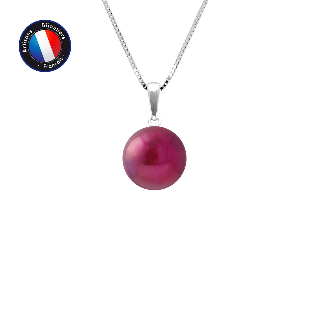 PERLINEA- Pendentif- Perle de Culture d'Eau Douce- Bouton Diamètre 9-10 mm Rouge Cerise- Bijou Femme- Or Blanc
