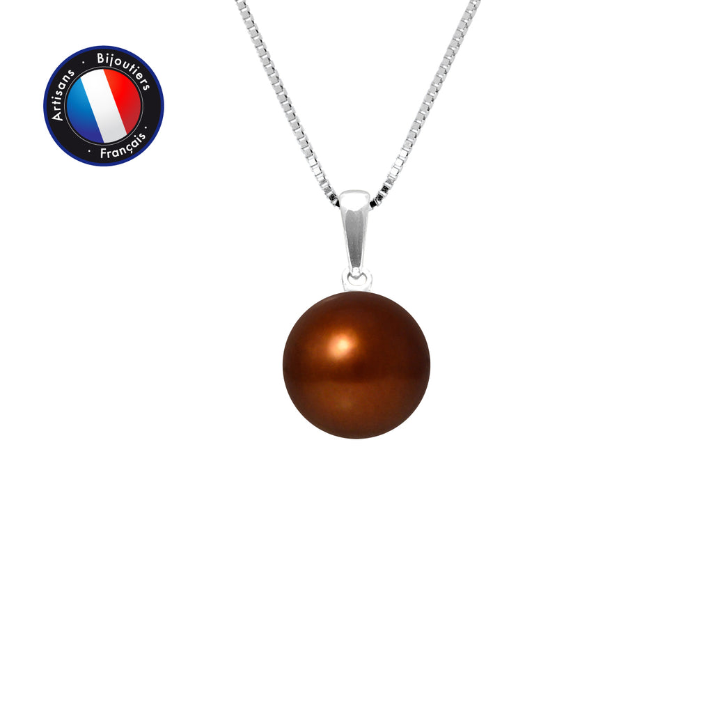 PERLINEA- Pendentif- Perle de Culture d'Eau Douce- Bouton Diamètre 9-10 mm Chocolat- Bijou Femme- Or Blanc