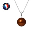 PERLINEA- Pendentif- Perle de Culture d'Eau Douce- Bouton Diamètre 9-10 mm Chocolat- Bijou Femme- Or Blanc