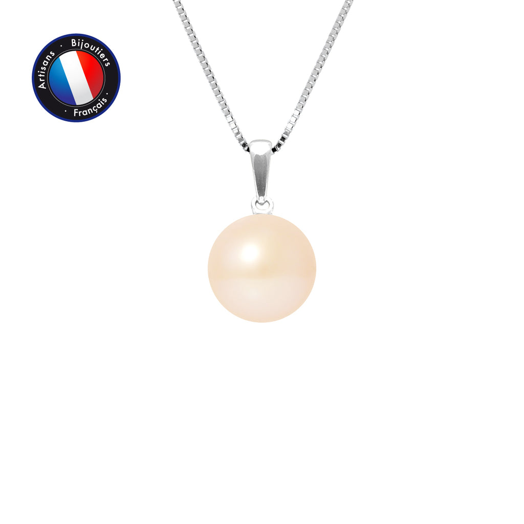 PERLINEA- Pendentif- Perle de Culture d'Eau Douce- Bouton Diamètre 9-10 mm Rose- Bijou Femme- Or Blanc