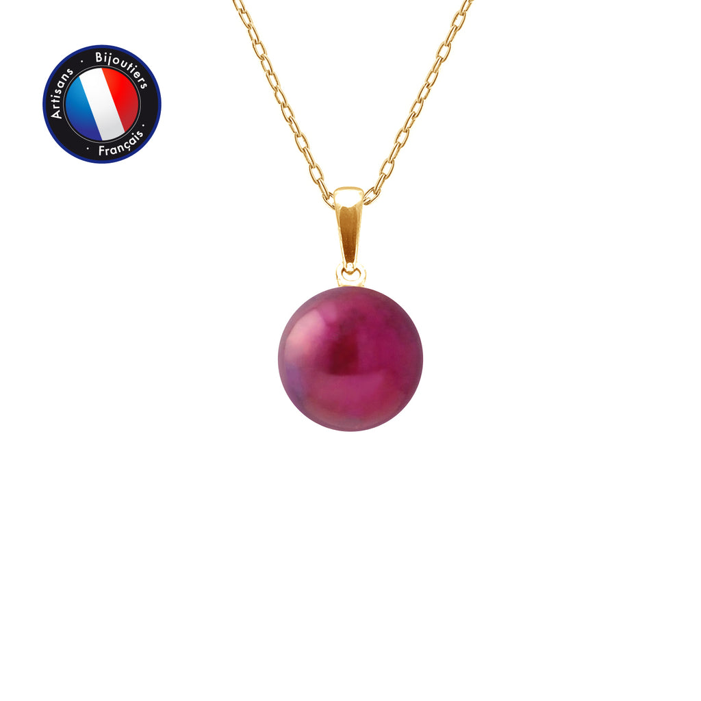 PERLINEA- Pendentif- Perle de Culture d'Eau Douce- Bouton Diamètre 9-10 mm Rouge Cerise- Bijou Femme- OrJaune