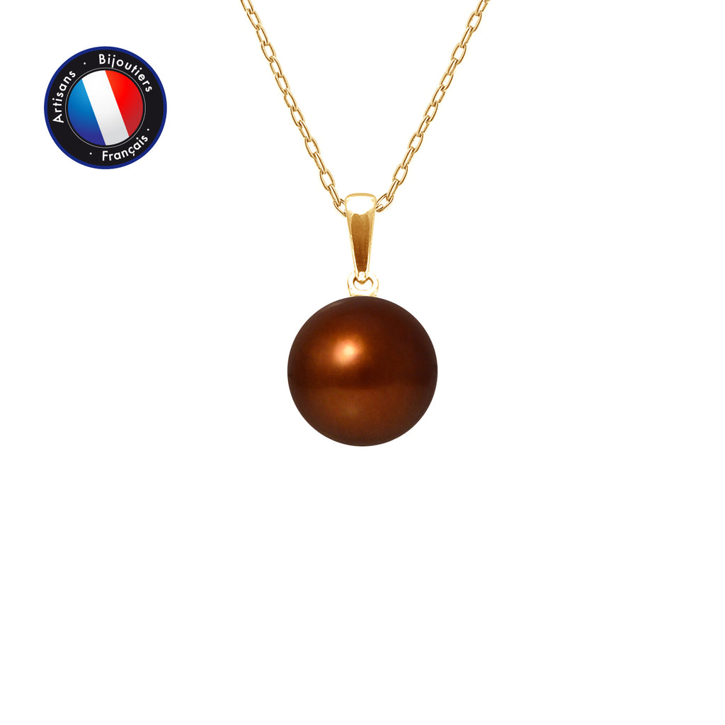 PERLINEA- Pendentif- Perle de Culture d'Eau Douce- Bouton Diamètre 9-10 mm Chocolat- Bijou Femme- OrJaune
