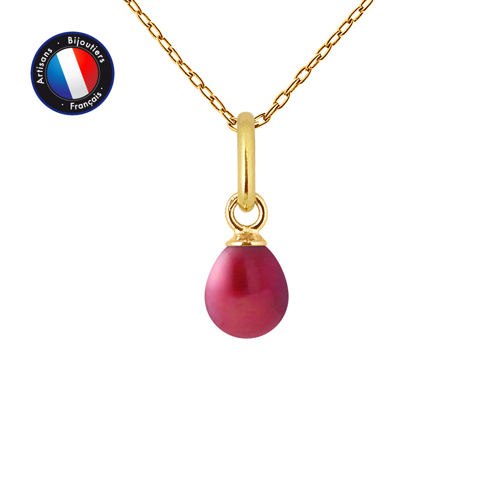 PERLINEA- Pendentif- Perle de Culture d'Eau Douce- Bouton Diamètre 5-6 mm Rouge Cerise- Bijou Femme- OrJaune