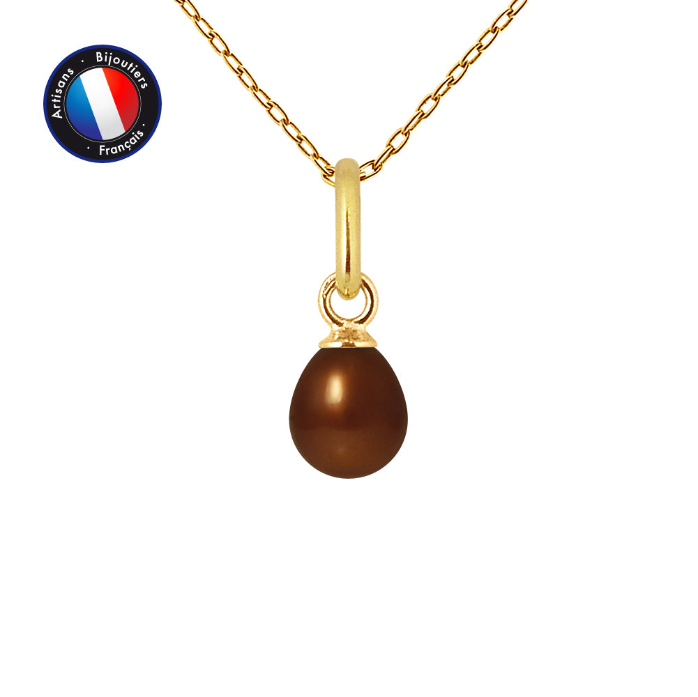 PERLINEA- Pendentif- Perle de Culture d'Eau Douce- Bouton Diamètre 5-6 mm Chocolat- Bijou Femme- OrJaune