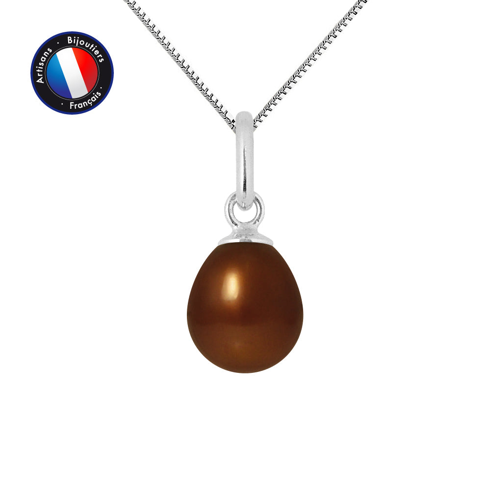PERLINEA- Pendentif- Perle de Culture d'Eau Douce- Bouton Diamètre 7-8 mm Chocolat- Bijou Femme- Or Blanc