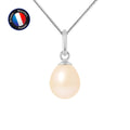 PERLINEA- Pendentif- Perle de Culture d'Eau Douce- Bouton Diamètre 7-8 mm Rose- Bijou Femme- Or Blanc
