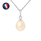 PERLINEA- Pendentif- Perle de Culture d'Eau Douce- Bouton Diamètre 7-8 mm Rose- Bijou Femme- Or Blanc