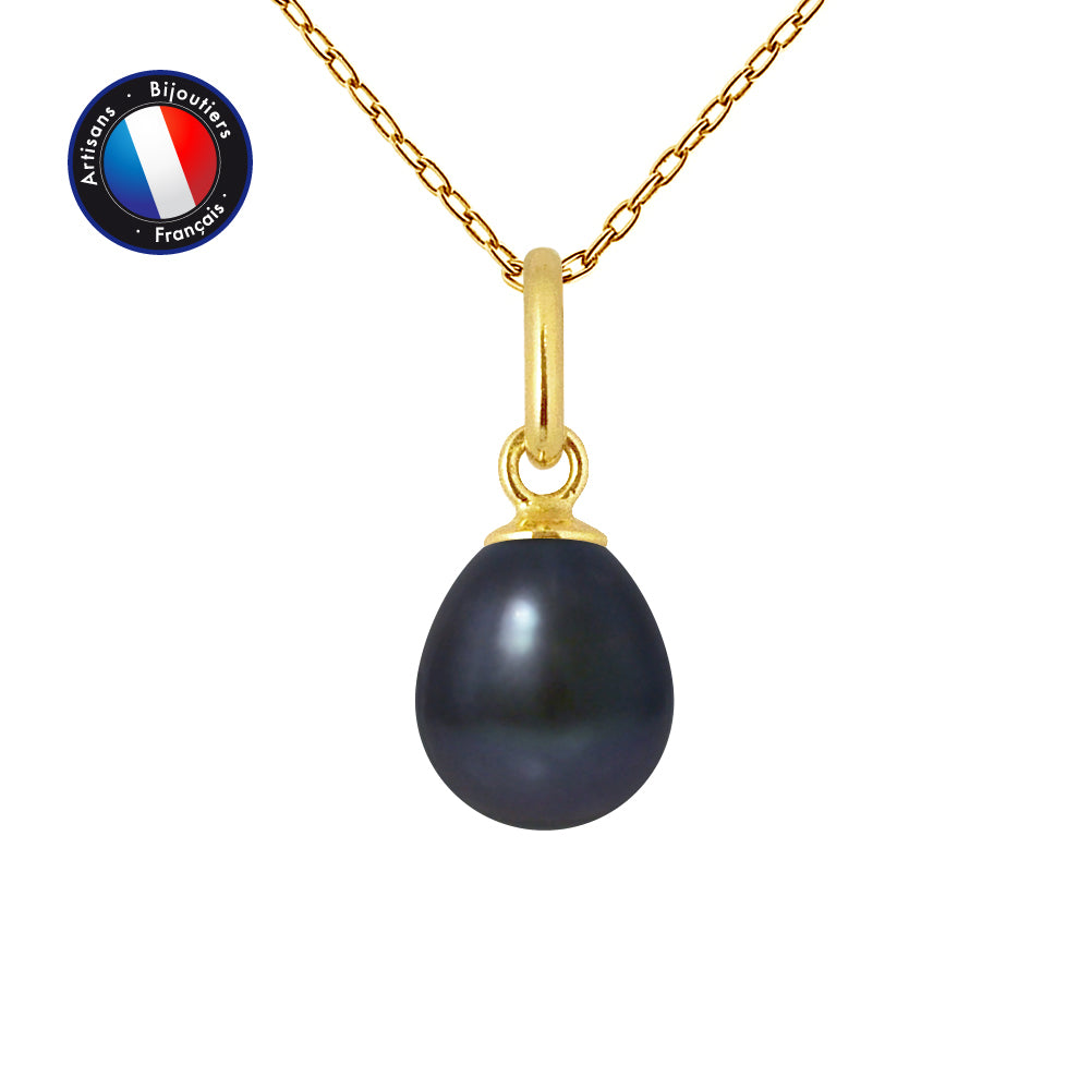PERLINEA- Pendentif- Perle de Culture d'Eau Douce- Bouton Diamètre 7-8 mm Black Tahiti- Bijou Femme- OrJaune