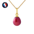PERLINEA- Pendentif- Perle de Culture d'Eau Douce- Bouton Diamètre 7-8 mm Rouge Cerise- Bijou Femme- OrJaune