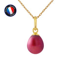 PERLINEA- Pendentif- Perle de Culture d'Eau Douce- Bouton Diamètre 7-8 mm Rouge Cerise- Bijou Femme- OrJaune