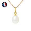 PERLINEA- Pendentif- Perle de Culture d'Eau Douce- Bouton Diamètre 7-8 mm Blanc- Bijou Femme- OrJaune