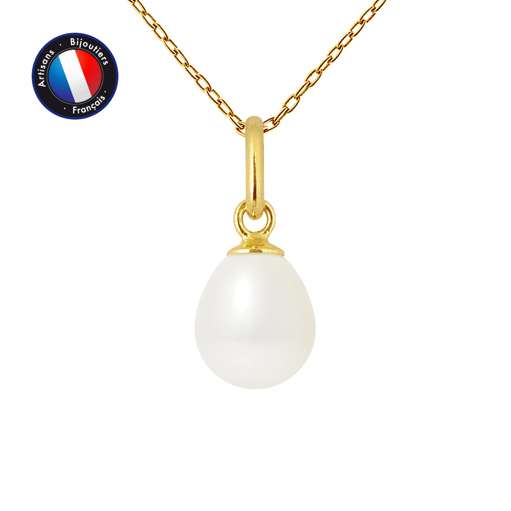 PERLINEA- Pendentif- Perle de Culture d'Eau Douce- Bouton Diamètre 7-8 mm Blanc- Bijou Femme- OrJaune