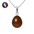 PERLINEA- Pendentif- Perle de Culture d'Eau Douce- Bouton Diamètre 9-10 mm Chocolat- Bijou Femme- Or Blanc