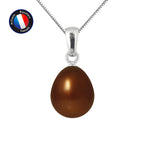 PERLINEA- Pendentif- Perle de Culture d'Eau Douce- Bouton Diamètre 9-10 mm Chocolat- Bijou Femme- Or Blanc