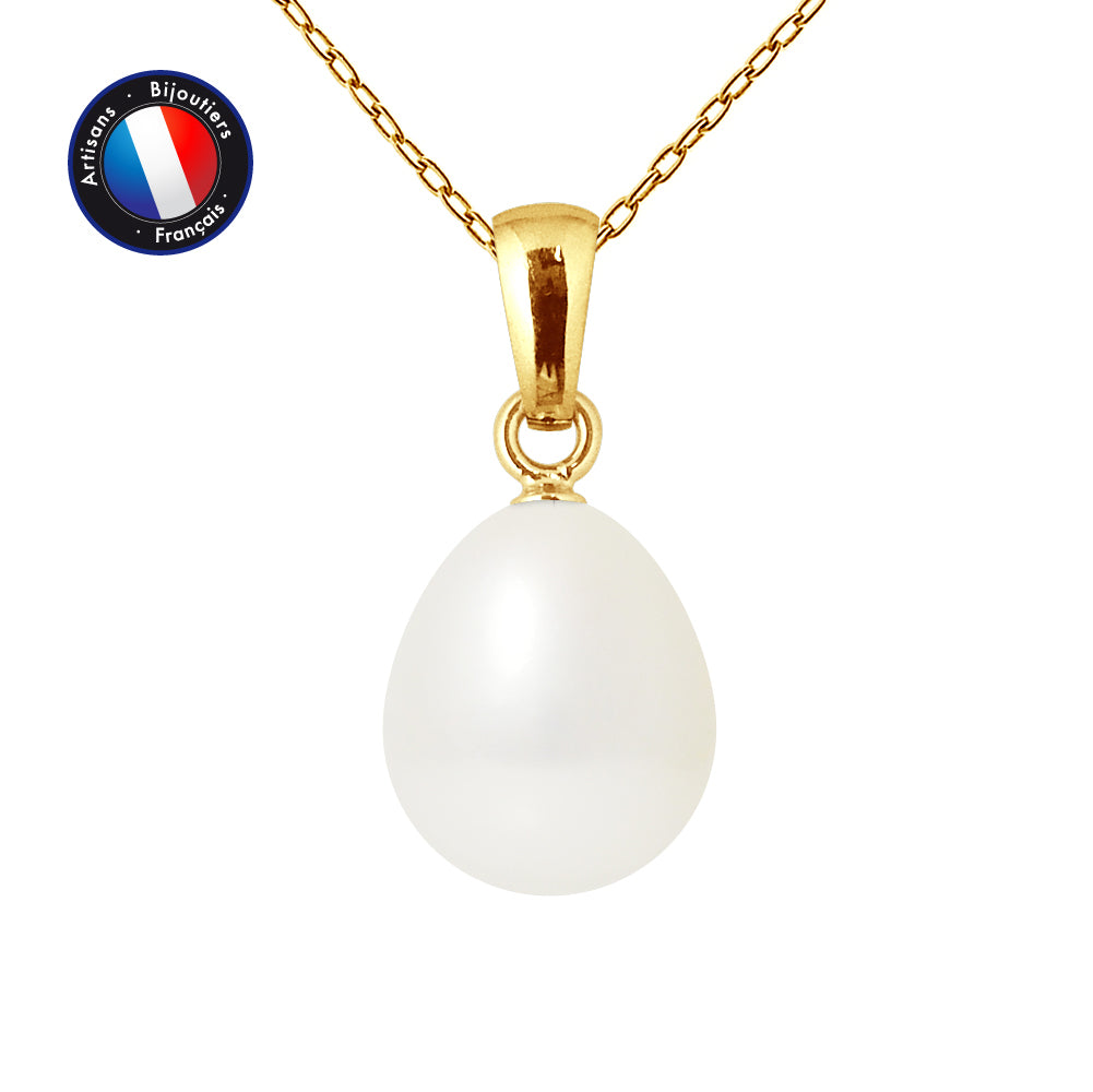 PERLINEA- Pendentif- Perle de Culture d'Eau Douce- Poire Diamètre 9-10 mm Blanc- Bijou Femme- OrJaune
