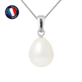 PERLINEA- Pendentif- Perle de Culture d'Eau Douce- Bouton Diamètre 9-10 mm Blanc- Bijou Femme- Or Blanc