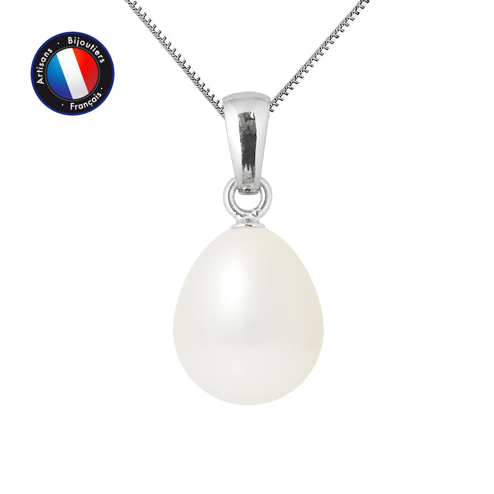 PERLINEA- Pendentif- Perle de Culture d'Eau Douce- Bouton Diamètre 9-10 mm Blanc- Bijou Femme- Or Blanc