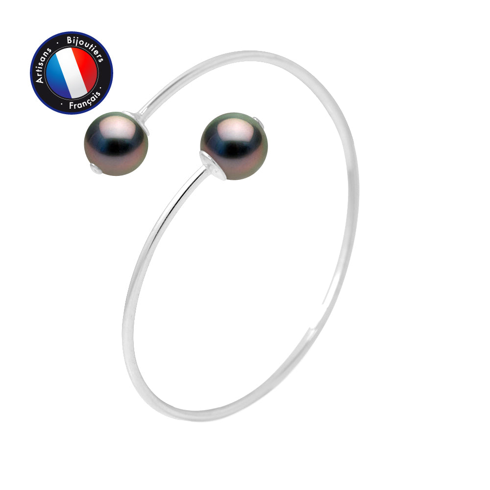 PERLINEA- BraceletJonc Toi & Moi- Perle de Culture de Tahiti- Ronde 10-11 mm- Bijou Femme- Argent 925 Millièmes
