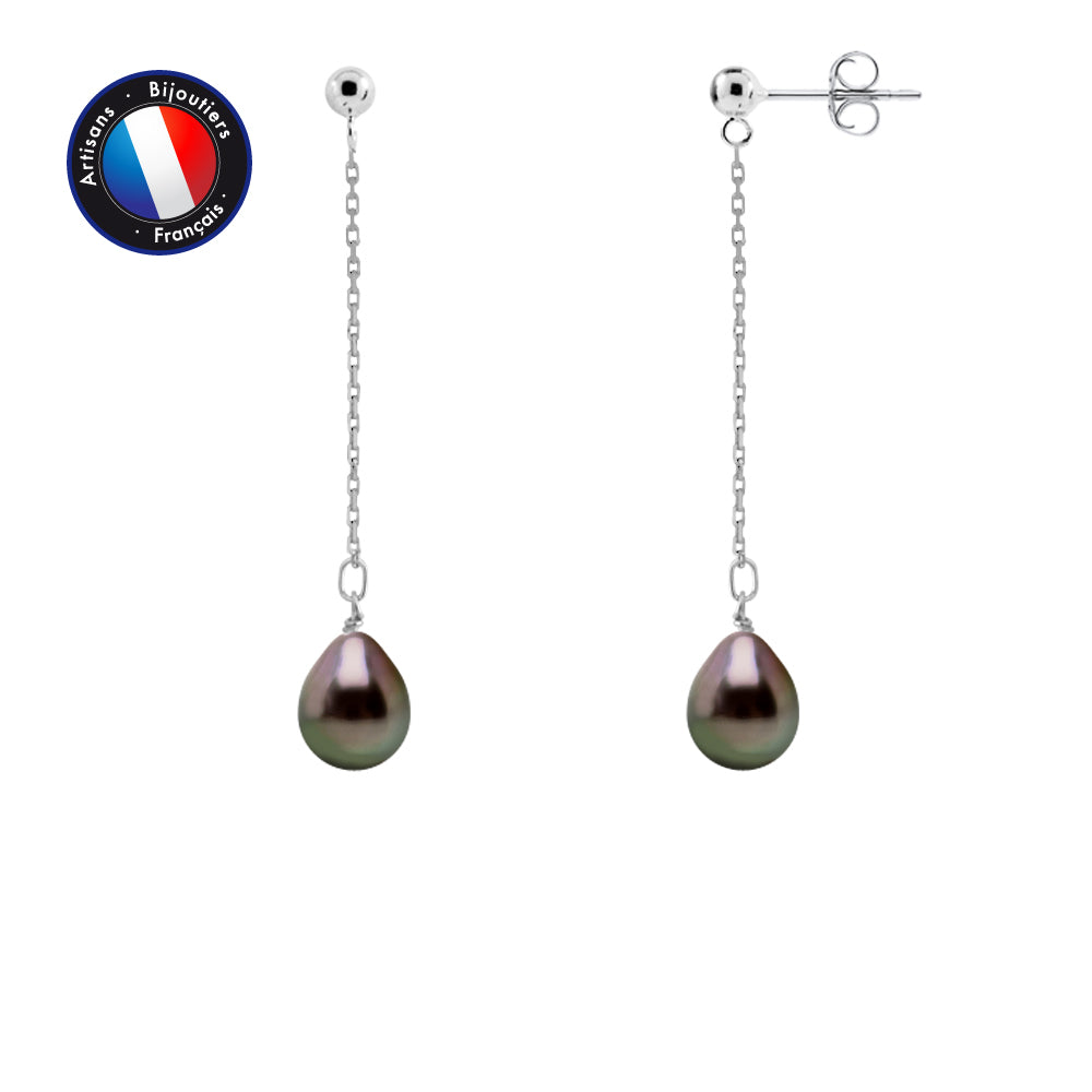 PERLINEA- Boucle d'Oreilles Pendante- Perles de Culture de Tahiti- OvaleDiamètre 8-9 mm- Bijou Femme- Argent 925 Millièmes