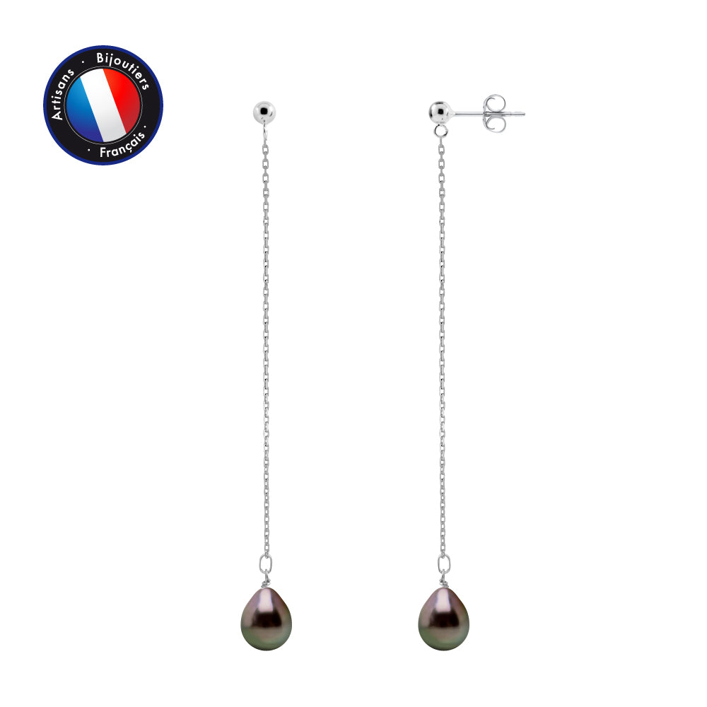 PERLINEA- Boucle d'Oreilles Pendante- Perles de Culture de Tahiti- Ovale Diamètre 8-9 mm- Bijou Femme- Argent 925 Millièmes