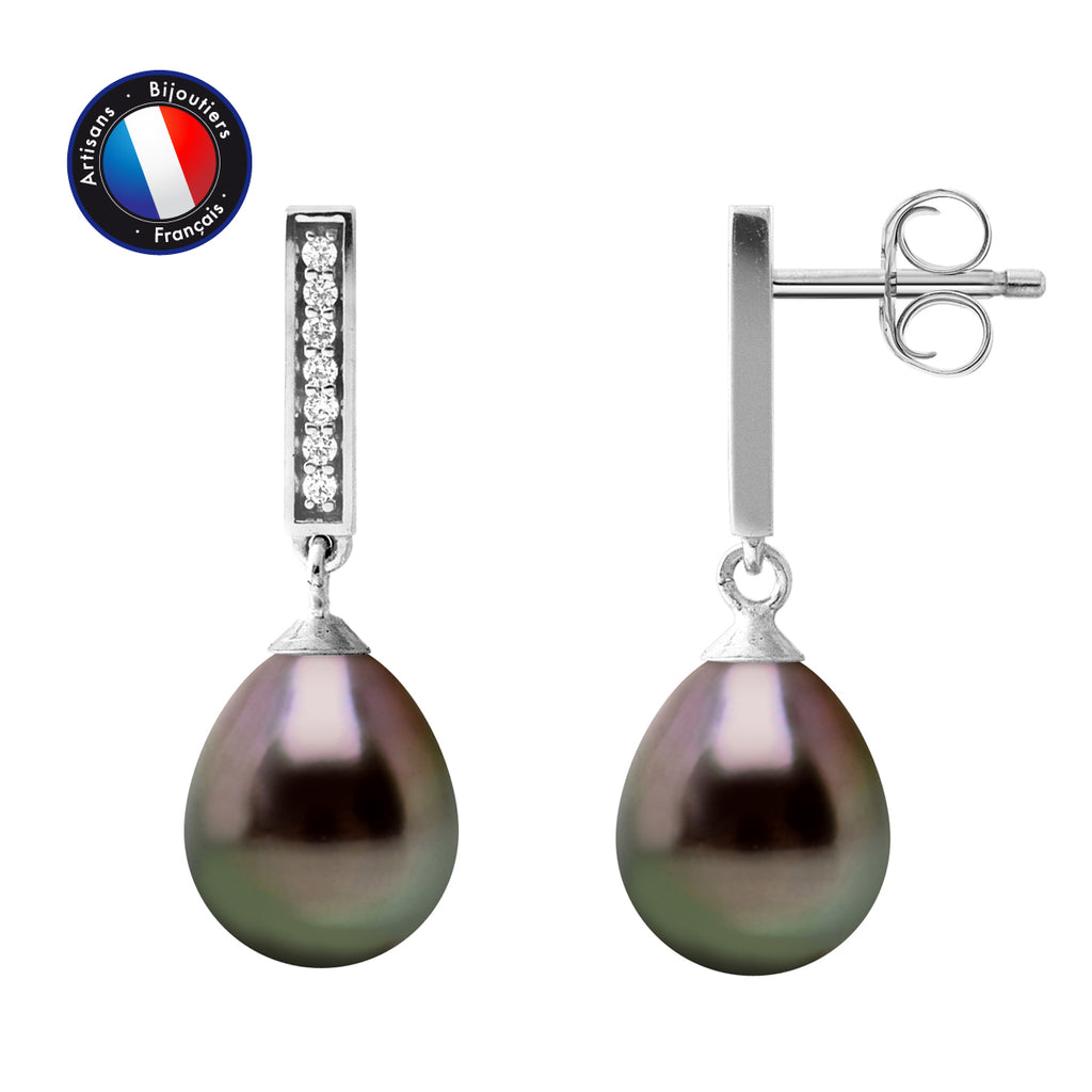 PERLINEA- Boucle d'Oreilles - Perles de Culture de Tahiti- Poire Diamètre 8-9 mm- Bijou Femme- Argent 925 Millièmes
